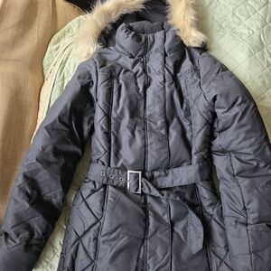 Faded Glory Women's Black Quilted Pea Coat with Fur Hood